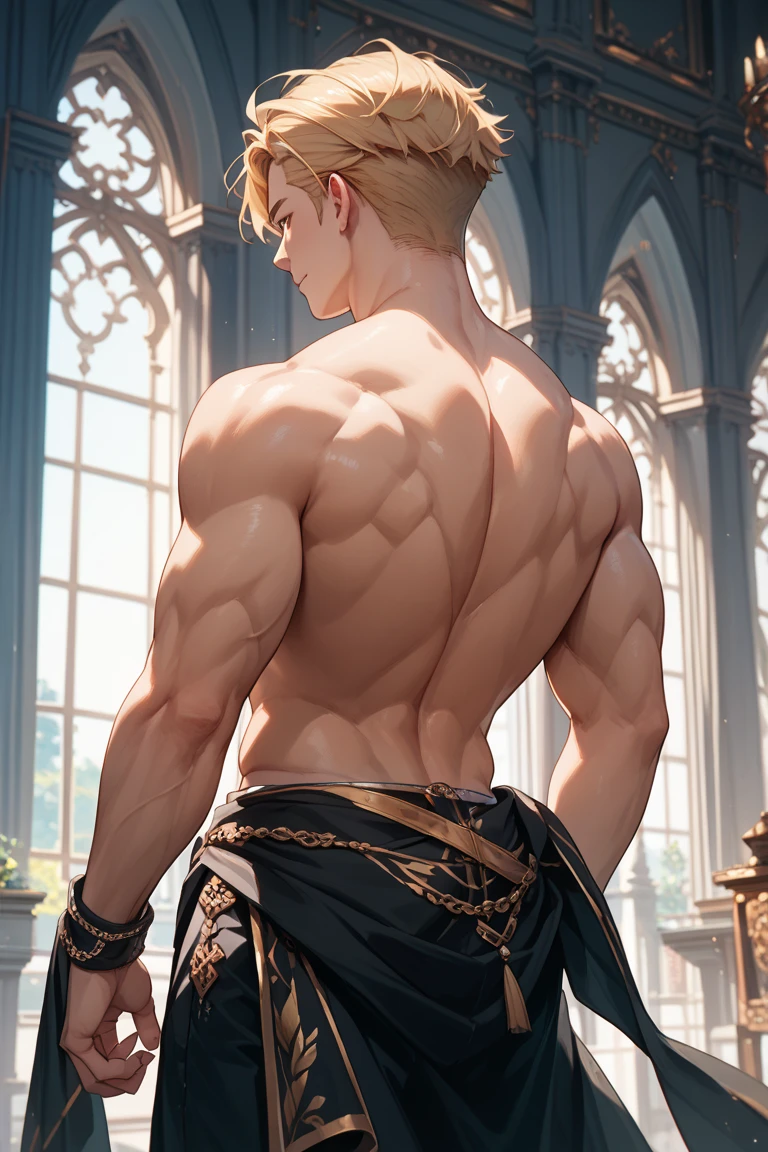 Masterpiece, oil painting, in the style of Caravaggio, ((young guy)) a pearl diver, swims to a pearl in a shell, wearing only a short loincloth, a thin rope between his buttocks, Hispanic youth, Back view