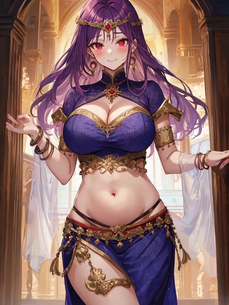 high quality, ultra detailed, best quality, insanely detailed, beautiful, masterpiece, 1girl, medieval plaza, cowboy shot, red eyes, long hair, purple hair, belly dancer, circlet, earrings, armlets, bracelets, bashful smile, large breasts, cleavage, soft stomach