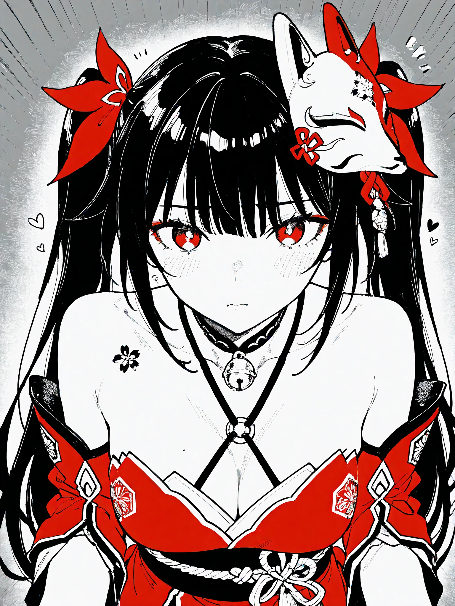 masterpiece,highest quality,1girl,solo,Two white horns,turned my back,smile,red lips,Witch-like,black hair,bangs,red eyes,naked,Skulls scattered on the ground