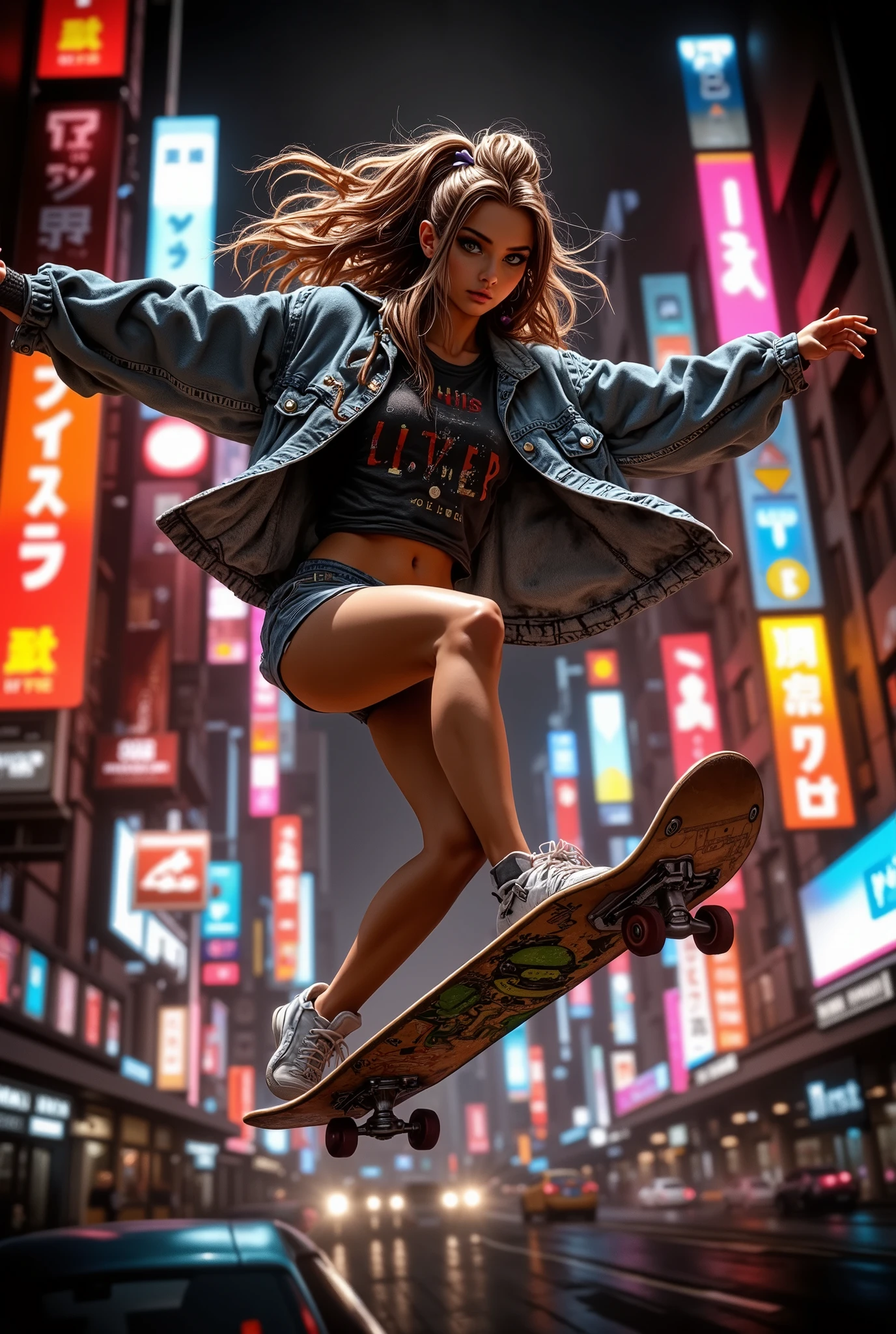 Masterpiece, (photo realistic:1.6), Shinkai style, pink retro anime, retro art. Cyberpunk Style, cyberpunk, hi tech, future tech, neon, (Cybernetics:1.25), (Neon Cityscape:1), (lineless:1.5), smooth edges, tall body, slender body, fit body, long legs, In this digital art piece, we see a young woman in mid-air while riding her skateboard. She appears to be a skilled skater, exhibiting control and balance with her arms outstretched for balance. The skateboard is slightly tilted under her feet, indicating movement and dynamism. The artist has used vibrant colors and dynamic lighting to create a sense of speed and exhilaration. The colors are bright and saturated, suggesting it might be evening given the warm hues. The background features what appears to be a cityscape with tall buildings and illuminated streets, contributing to an urban feel. The skater is wearing casual attire consisting of a denim jacket, a white t-shirt, dark pants, and sneakers. Her hair is styled in loose waves that fall around her face, and she seems focused on her ride. In terms of positioning, the character is centrally located within the image, drawing the viewer's attention immediately. The background elements are blurred to emphasize the movement of the skateboarder, creating a sense of depth and distance. There are no other characters in the scene, making the skater the sole focus. The atmosphere is energetic and youthful, capturing a moment of freedom and adventure. (night:1.95), (dark blue sky:1.8), (dark background:1.7), star (sky), girl, solo, long hair, looking at viewer, short hair, bangs, brown hair, shirt, black hair, long sleeves, holding, brown eyes, closed mouth, jacket, full body, outdoors, parted lips, open clothes, sky, shoes, pants, cloud, hood, medium hair, bag, black eyes, open jacket, lips, fingernails, looking to the side, black shirt, dutch angle, hoodie, floating hair, swept bangs, glowing, expressionless, black pants, from below, white footwear, white jacket, backpack,