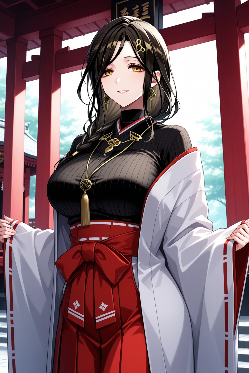 gray fullbuster using wearing heavy samurai armor next to a woman (eye red) sorridente in a red kimono in a in a Japanese autumn garden