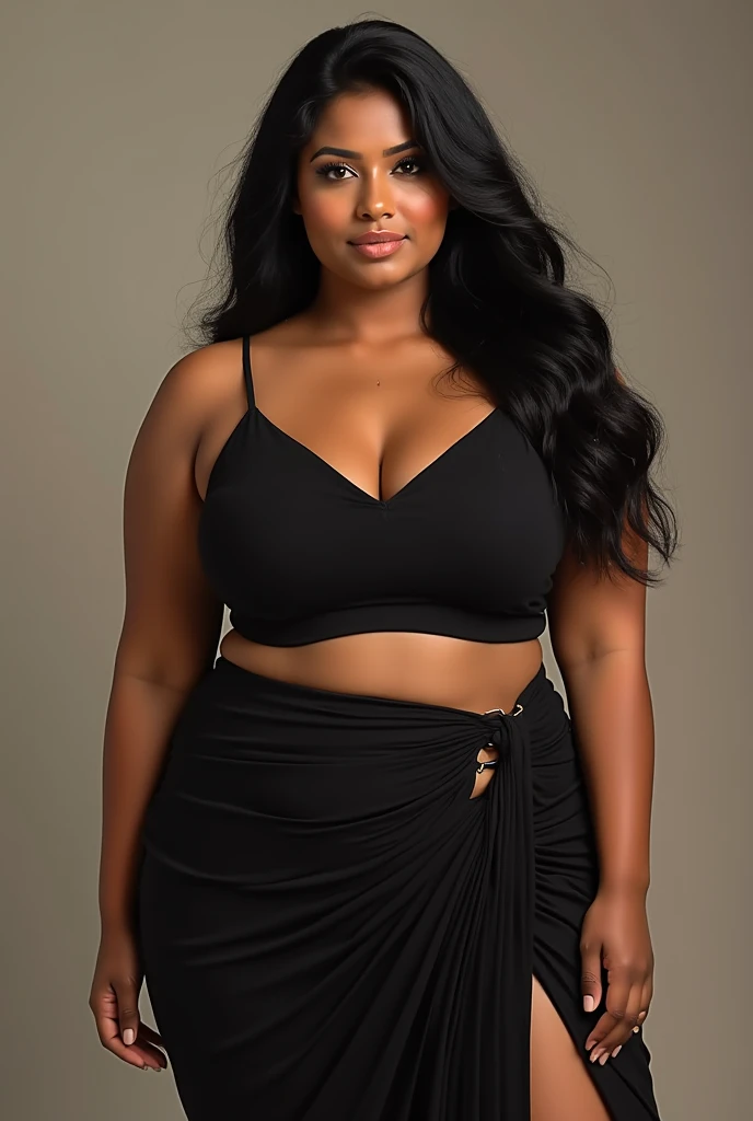 Indian beautiful woman sexy curvy plus size model wearing Black Beauty in Sari : Charm & Nature facing to camera in standing position, curvy plus size figure, big m-cup bulky breasts ,wearing Black Beauty in Sari : Charm & Nature, side bun hairstyle, bright eyes, thin eyebrows, fair skin, blushing cheeks, prefect , head to thigh view, beautiful nature background and location, head to thigh view
