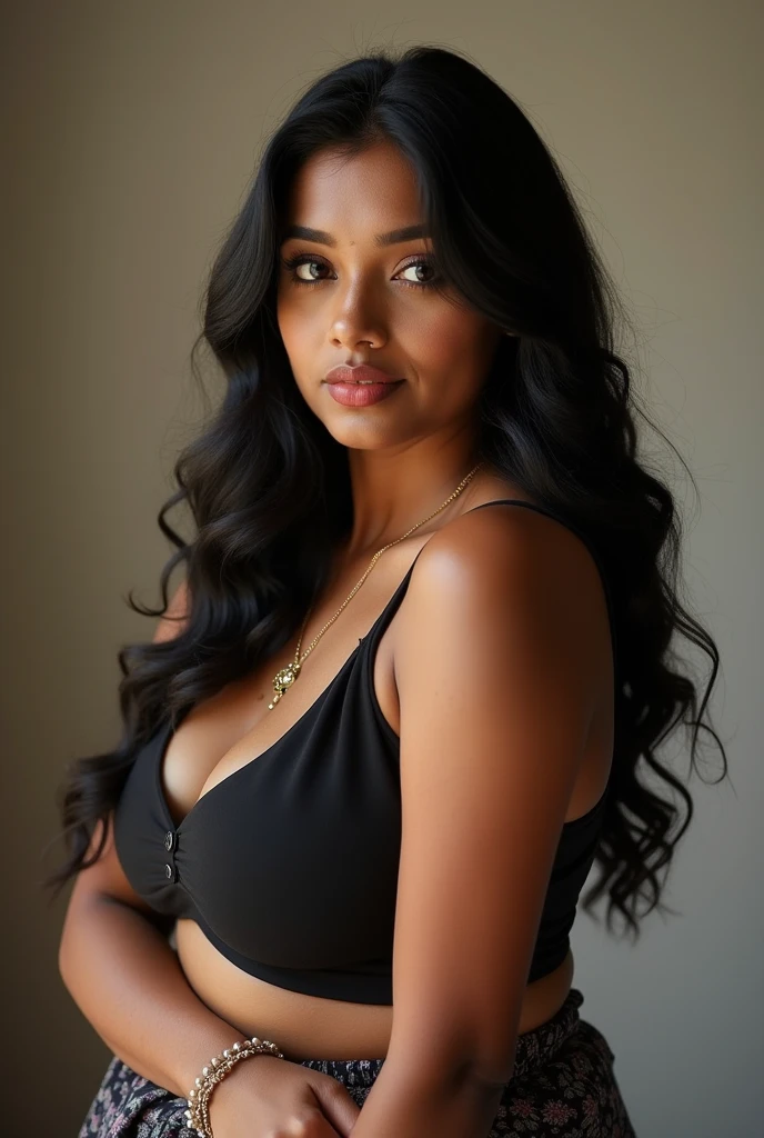 Tan girl with black long hair and cute face, curvy body and pretty smile