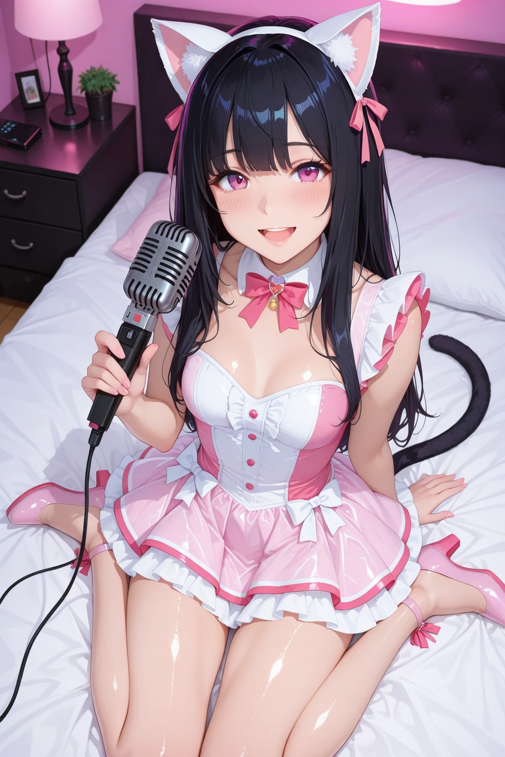 Sitting on a black sofa,looking ahead,from above,???????,side view,face focus,open mouth,tongue out,??? on tongue,Licking a white ?????,(1girl,Beautiful 14 year old girl),((Slender,Small ???????,Baby Face,Small face,)),looking at viewer,Black Hair,bangs,two side up,Gray Eyes,Drooping eyes,slit pupils,narrow eyes,Sheer black and dark pink negligee,lingerie,Beautiful and detailed anime art,Mischievous smile,Dimly lit room,Simple Background,Gray background,Low lighting