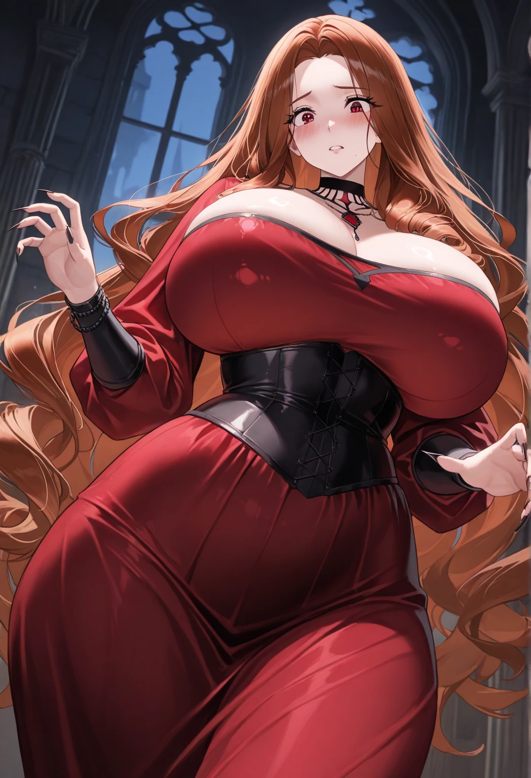 Highest quality、devil、Long Red Hair、Black Dress、Big Breasts、Lots of lace