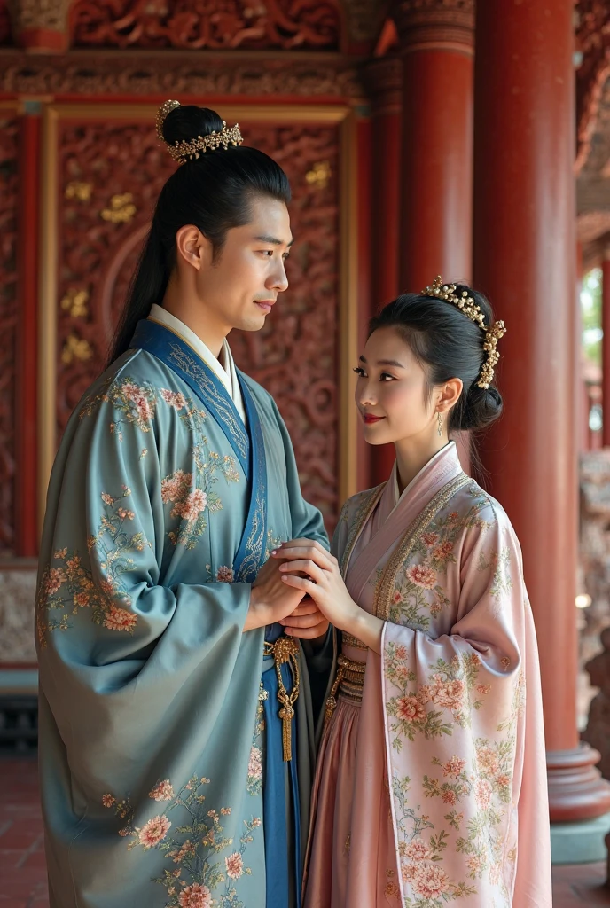 ((Highest quality)), ((masterpiece)), (detailed), (Perfect Face)、The woman is wearing a gorgeous, glittering Hanfu with gold embroidery and trim, and an engagement ring.、The woman and the middle-aged Chinese man embrace each other, kiss each other in vows, and are happily married at a luxurious Chinese wedding venue.