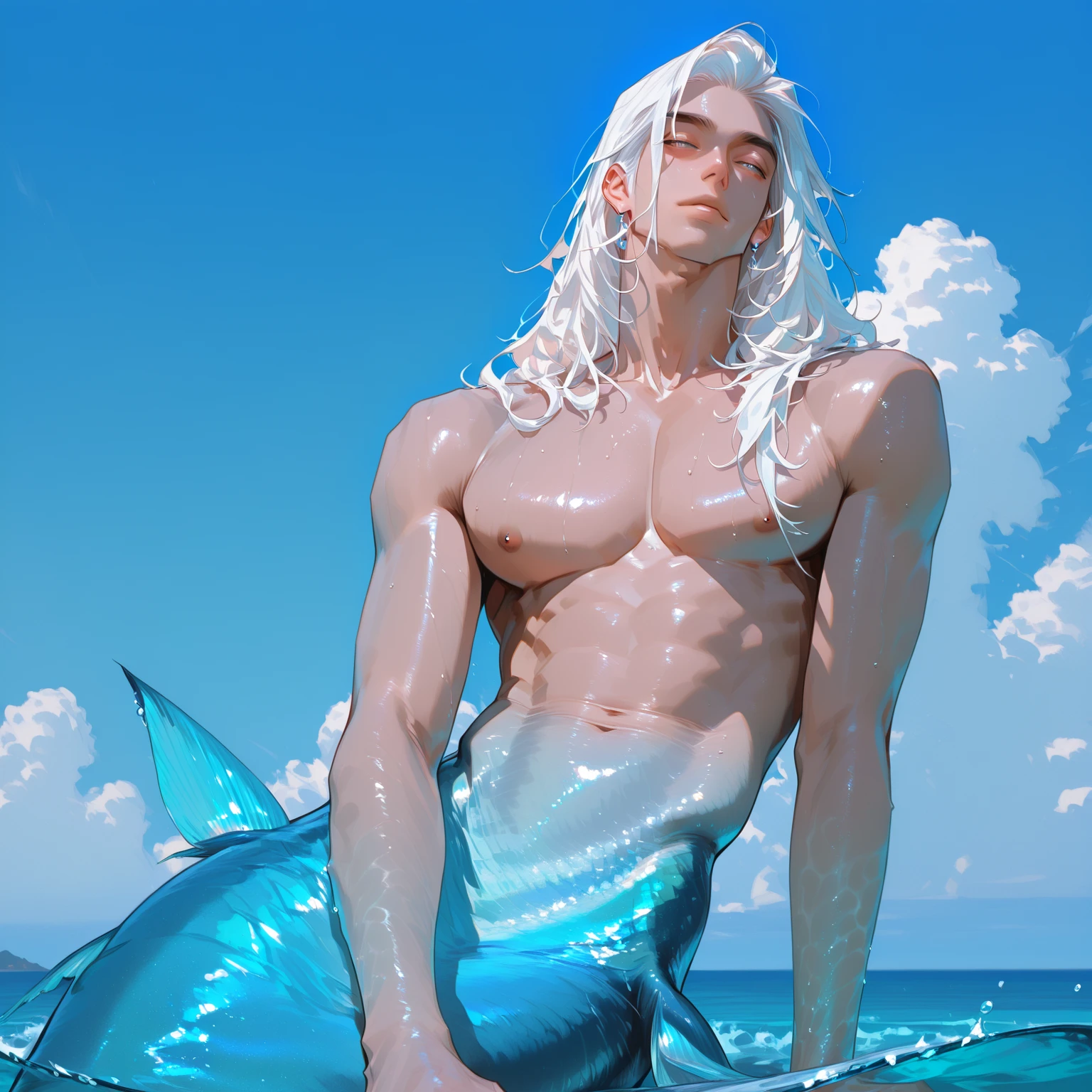 Mermaid Man1 Man,Man,Perfect Face,Perfect Muscle Body,Lean ,White Background, Blue Energy Magic, Blue Fluorescent Eyes, Pink White Skin, Dynamic Posture, Create Fit, Gorgeous Perfect Face, In Style of Realistic Display and Hyper Detail, ZBrush, Too realistic oil, curved shading, ocean waters with dolphins swimming nearby, glittering reflections from sunlight hitting the surface,8k,masterpiece,mermaid tail,bare-chested