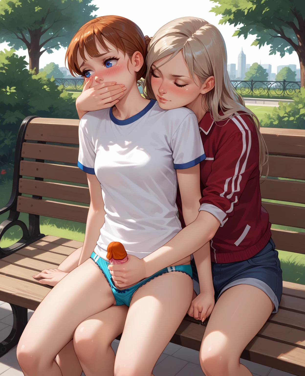 Sexy chubby Conjoined daughter and her much older mother sitting on a park bench with her penis out of the pants on her two headed body. The daughter’s head is looking away in shame as her conjoined mommy masturbates her massive hairy cock for her. She’s cumming involuntarily as a load of white semen shoots from the huge tip at the end of her dick.