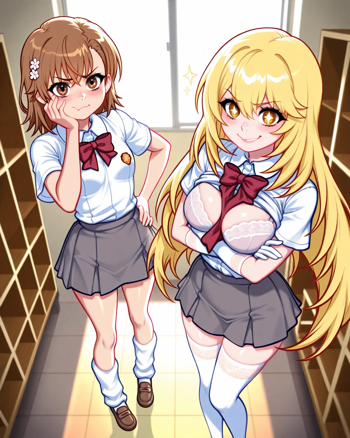 ((perfect body)), ((perfect face)), cameltoe, (blush), ((cheerleader outfit)), (((two girls standing next to eachother))), ((short miniskirt)), ((big breasts)), (photo from above)), (shy), (((masterpiece))), (((topless))), (((empty hands))), (((in a locker room)))