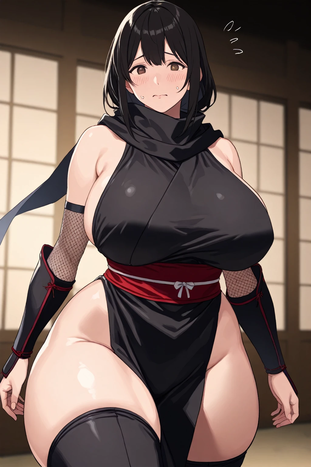 (Masterpiece, High Quality, Top quality, High-Detailed, Detailed CG, Cinematic Lighting, Cinematic Scene, Beautiful Detailed Eyes, Ultra Resolution, Depth of Field), (Full Body View), (Full Body Shot), (Erotic Suggestiveness:1.5), (NSFW:1.2), Looking At The Audience, (Angry Expression:1.2), (Erotic Expression:1.0), Yellow Eye, Black Hair, Five Fingers, Good Composition, (Black Bikini:1.5), (Erotic Bikini:1.0), (Transparent Bikini:1.0), (See-Through Bikini:1.0), Thicc Thighs, Thick, Huge Breasts, Body Drench With Sweat, Hairband, Hair Bow, Japanese Shrines, Japanese Furniture