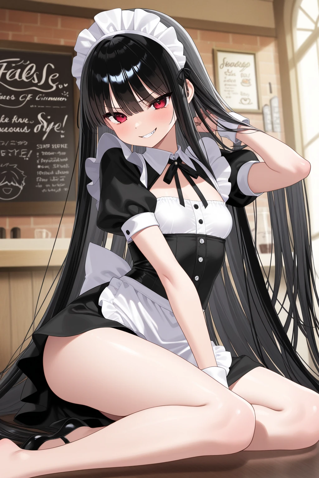 Black wavy long hair Loli, Wearing maid outfit, kneeling, legs and five fingers, more meat, Cute 2D, background backlight hd  