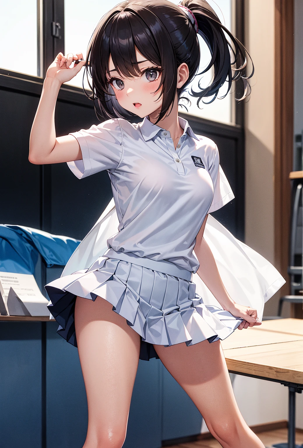 1girl, solo, white polo shirt, white sneakers, tennis wear, white miniskirt, masterpiece, best quality, realistic, hyper-detailed, (shiny skin, sweaty:1.4), absurd, looking at viewer, short black hair, brown eyes, slender, dynamic lighting, high resolution, sharp focus, depth of field, detailed eyes, sharp pupils, realistic pupils, (small breasts:1.6), (thick thighs:1.0), outdoor, sky