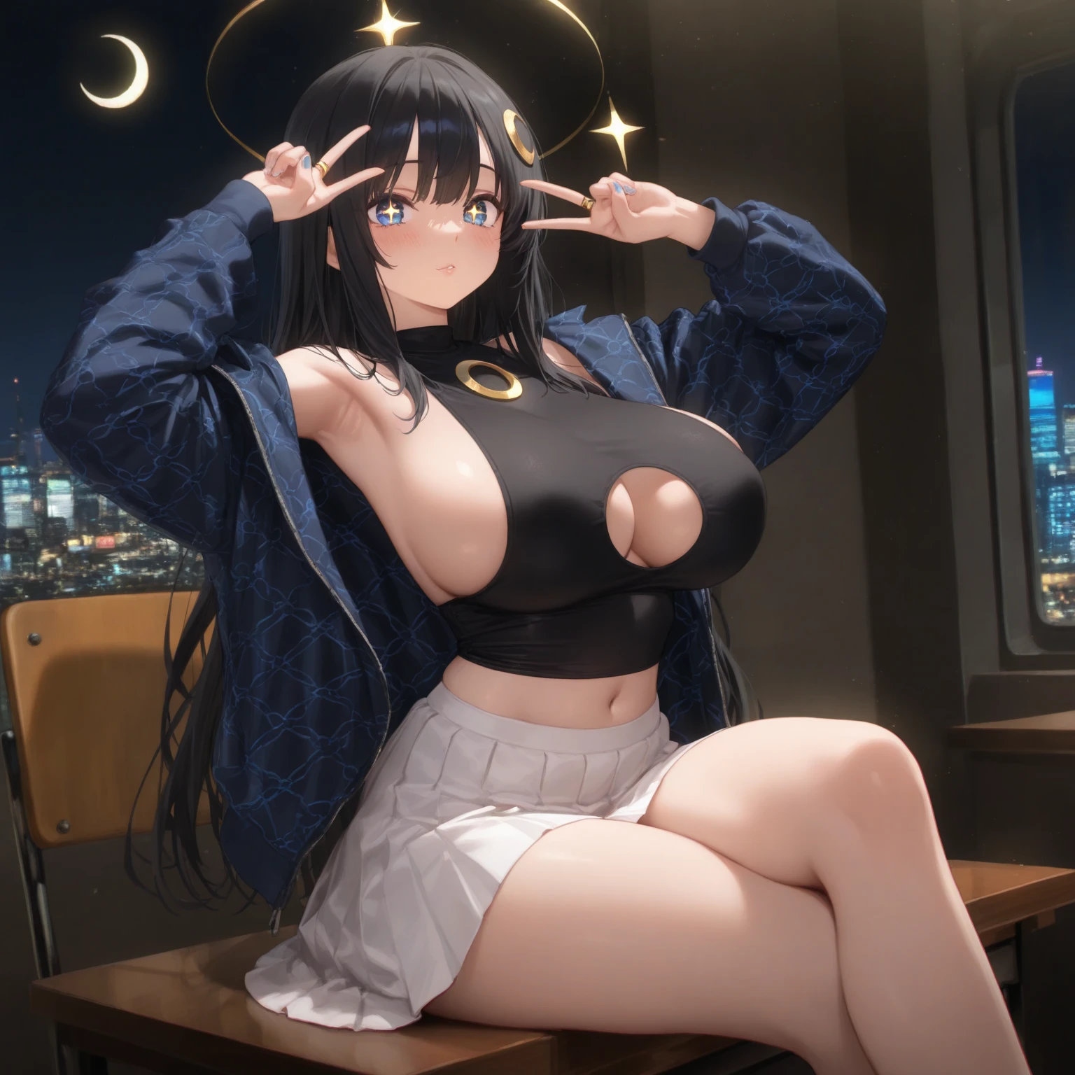 master part, high quality, detailed face, detailed body rendering, full body solo, nude, nude shoulders, hyuuga hinata, long ponytail hair, large breasts, Dark lips, bracelet, Standing, Blushes, room, night, moon and stars, nebula