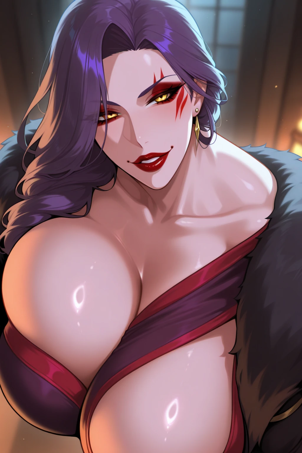 gothic horror, erotic horror, bewitching 35-year-old Beauty Vampire MILF with a very full evil smile on her aesthetic face, 1mature woman, sexy MILF, evil Femme Fatale, 35yo, London 1814 year, In the middle of the night, in the underground mortuary of an old castle, moonlight streams in through a skylight window. The lid of a luxuriously decorated, heavy coffin opens to reveal a female vampire., Arched eyebrows, raised eye brow, double eyelid, half lidded eyes, fine and beautiful eyes, perfect eyes, enchanting eyes, staring at camera with reflective blue eyes, beautiful nose, beautiful Nostrils, Sensual mouth, dark lipstick, glossy lips, Vampire Fangs, perfect open mouth, Fangs details, Teeth, Masterpiece of sexy pose, perfect ???????, ideal facial features, ideally proportioned figure, perfectly beautiful body, super detailed skin, glossy skin, glistening skin, soft and curvy, neckline, body conscious, collarbone, cleavage, saggy huge breasts, black-red vintage clothing, black coat, highly detailed, high budget, Cinematic lighting, moody, epic, gorgeous, evil seductive smile, masterpiece, incredibly absurd resolution, absolutely resolution, ultra high resolution, Mature Female, MILF, VAMP, Biting Fangs, professional, vivid colors,
