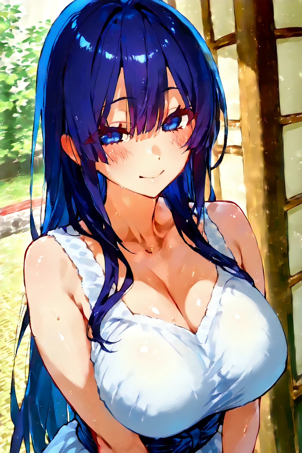 <lora:KogureAoi:0.65>,1girl,solo,short hair,breasts,blush,medium hair,hair ornament,medium breasts,blue hair,purple eyes,pink eyes,ponytail,flower,seductive smile,hair flower,(valley background:1.1),(jumpsuit :1.2),(Kneeling with hands resting on lap :1.1), anime coloring