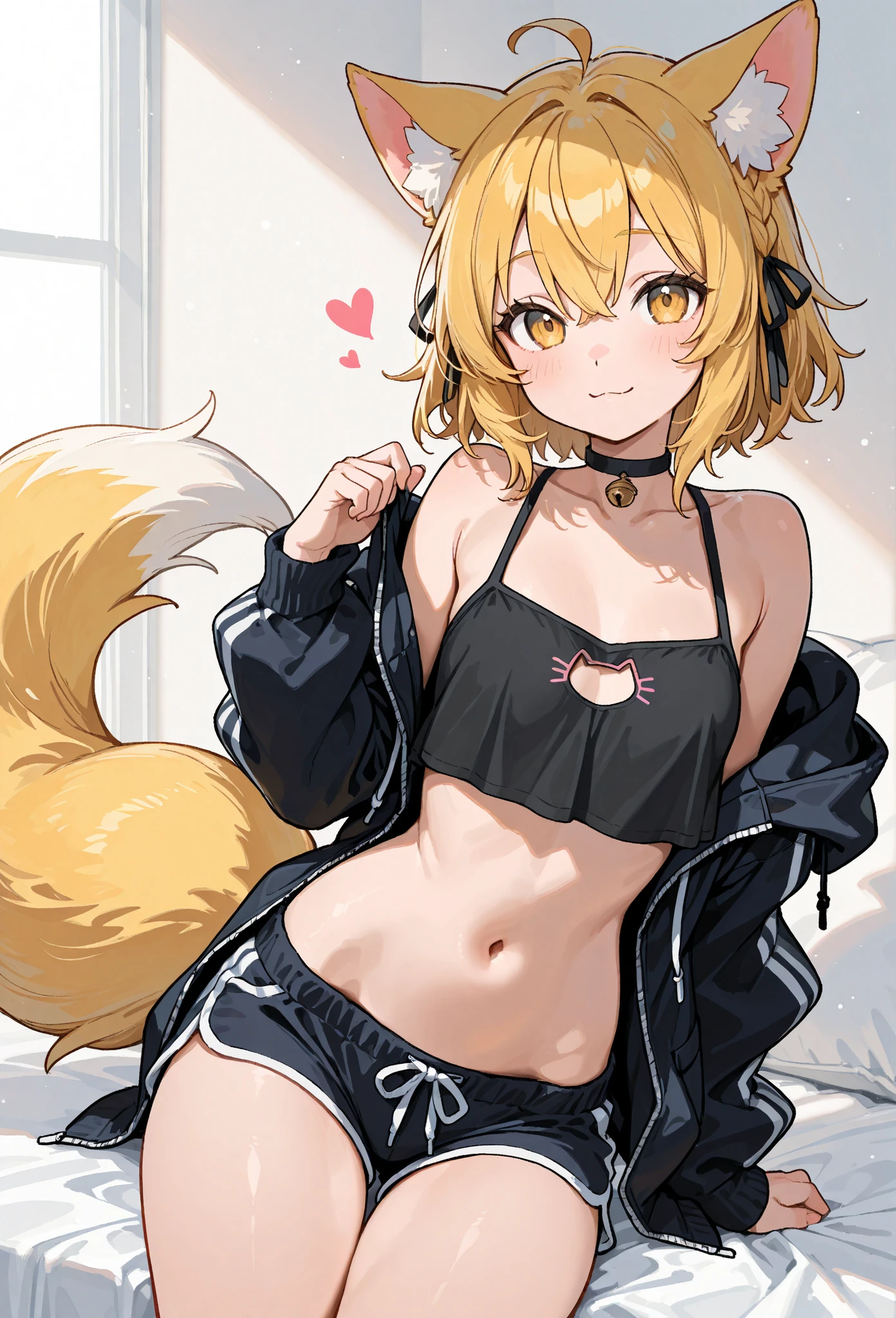 ((hyper super ultra detailed perfect piece)), (extremely detailed CG 8k), an extremely cute girl, Painting, Pop Art, (anime, anime coloring), mesugaki, young cheeky girl, Naughty look, confident smile, Grin, Cat Pose, Bottomless, On the bed, PAW Pose, highlights in eye, (long hair:1.3), (infant), (Flat Chest:1.4), (alone:1.3), (1 girl:1.3), (Perfect Anatomy:1.2), Fox_ears, animal_ears, blonde_hair, 前hair, Fox_girl, green_eye, hairband, animal_ear_Fluff, Fox_tail, tail, green_hairband, Multicolor_hair, multiple_tails, white_hair, Braiding, hair_ring, smile, infectious disease_monitor_\(Arknights\), narrow, upper_body, blush, hair_between_eye