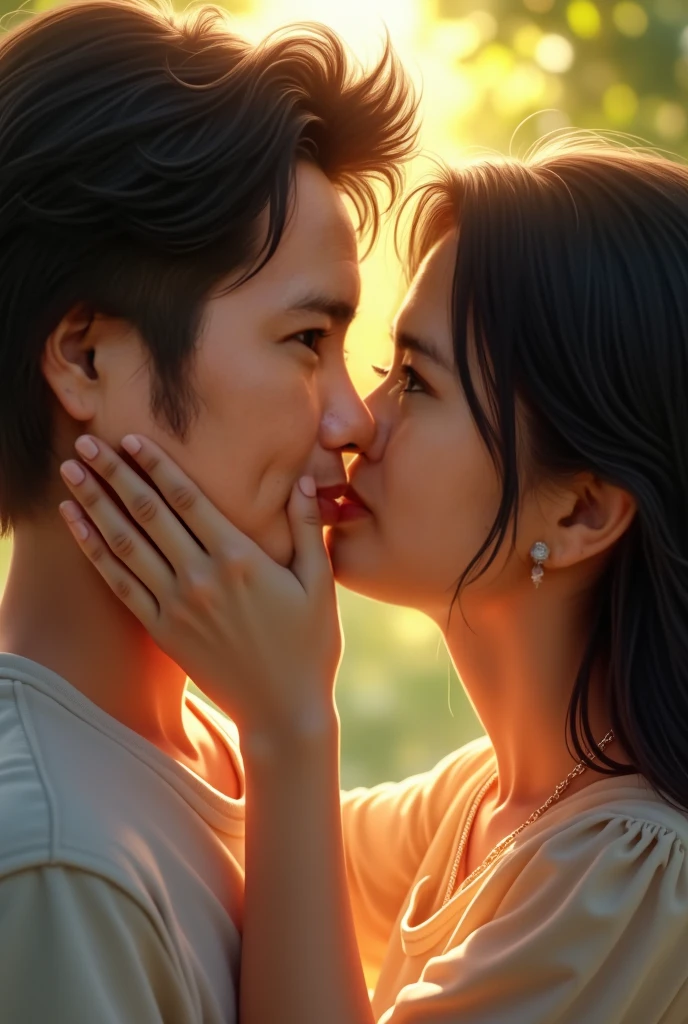 Masterpiece, a couple, Asian man, afro woman, love, kiss, high detail, perfect anatomy, exact anatomy, photorealistic.