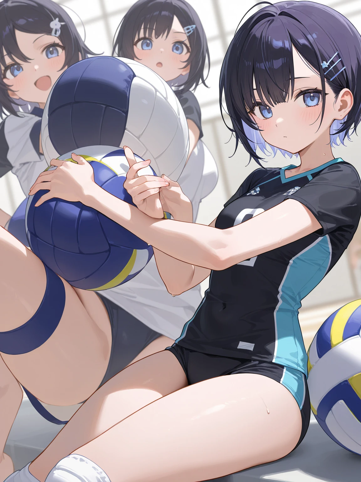 highest quality, masterpiece, High resolution, alone, {Shima_Also_yuru camp:1.15}, green_hair, purple_eye, closed_mouth, single_hair_good, hair_good, 1 girl, 前hair, blurry, blurry_background, (volleyball uniform:1.3)、(barefoot)、dark blue socks,(sports boots)、short、full body shot, lie down