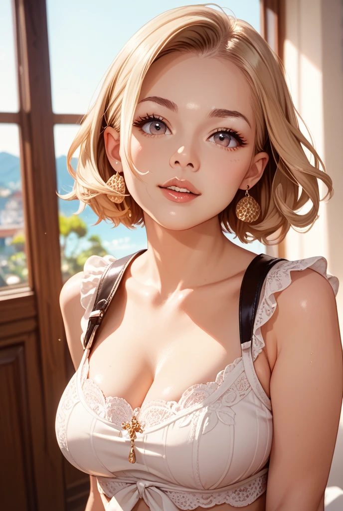 masterpiece, highest quality, Super detailed, figure,(1 girl),detailed and beautiful eyes, looking at the viewer, close, (chest focus), (turn your arms behind your back:1.2), (From above:1.1), bright blonde hair,short bob hair, (huge breasts),(chest comes out:1.3), (off shoulder:1.1),pink underwear,smile,