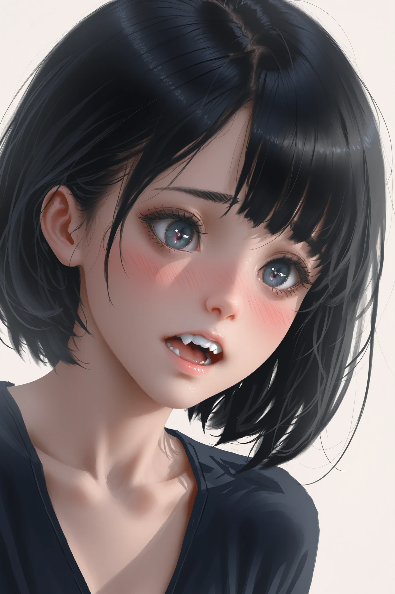 Japanese model with short wolf cut hair、Half-open mouth、Embarrassed look、blush:2.0、Large Breasts、Cleavage、Big Mouth、Teeth are visible、3