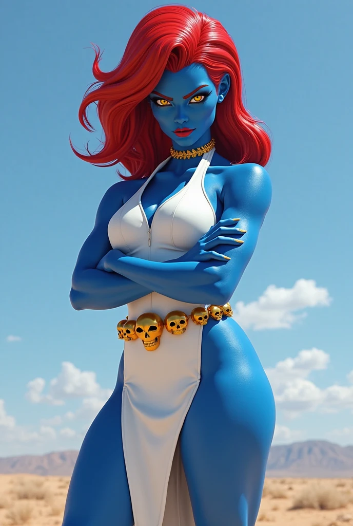 (Highly quality, masterpiece, detailed), night city detailed scenario, night city detailed background, 20 years old girl, solo, mystique, yellow sclera, blue skin, forehead jewel, elbow gloves, white gloves, lipstick, dress, pelvic curtain, thigh boots, belt, skull, evil smile, crop top, colored skin, navel, perfect face, beautiful eyes, perfect eyes, looking at the viewer, Sexy pose