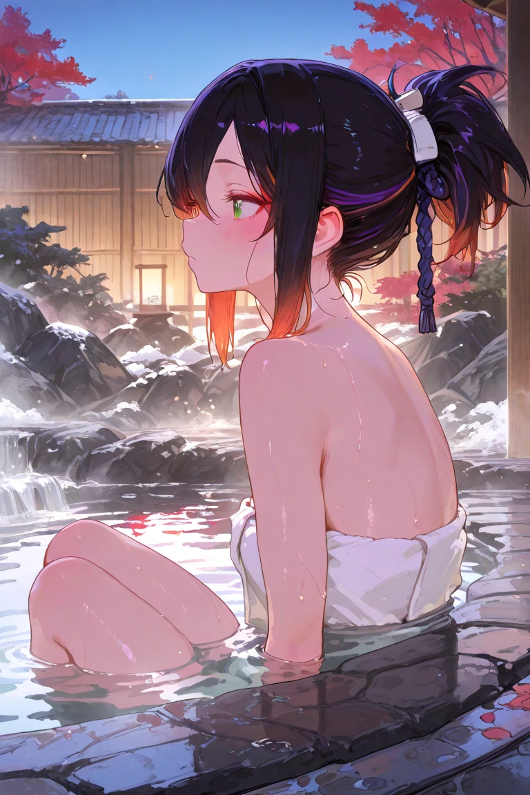 raiden shogun 1girl, solo, heart, from behind,white leotard swimsuit ,beach, dawn ,lamp light, purple hair, squatting