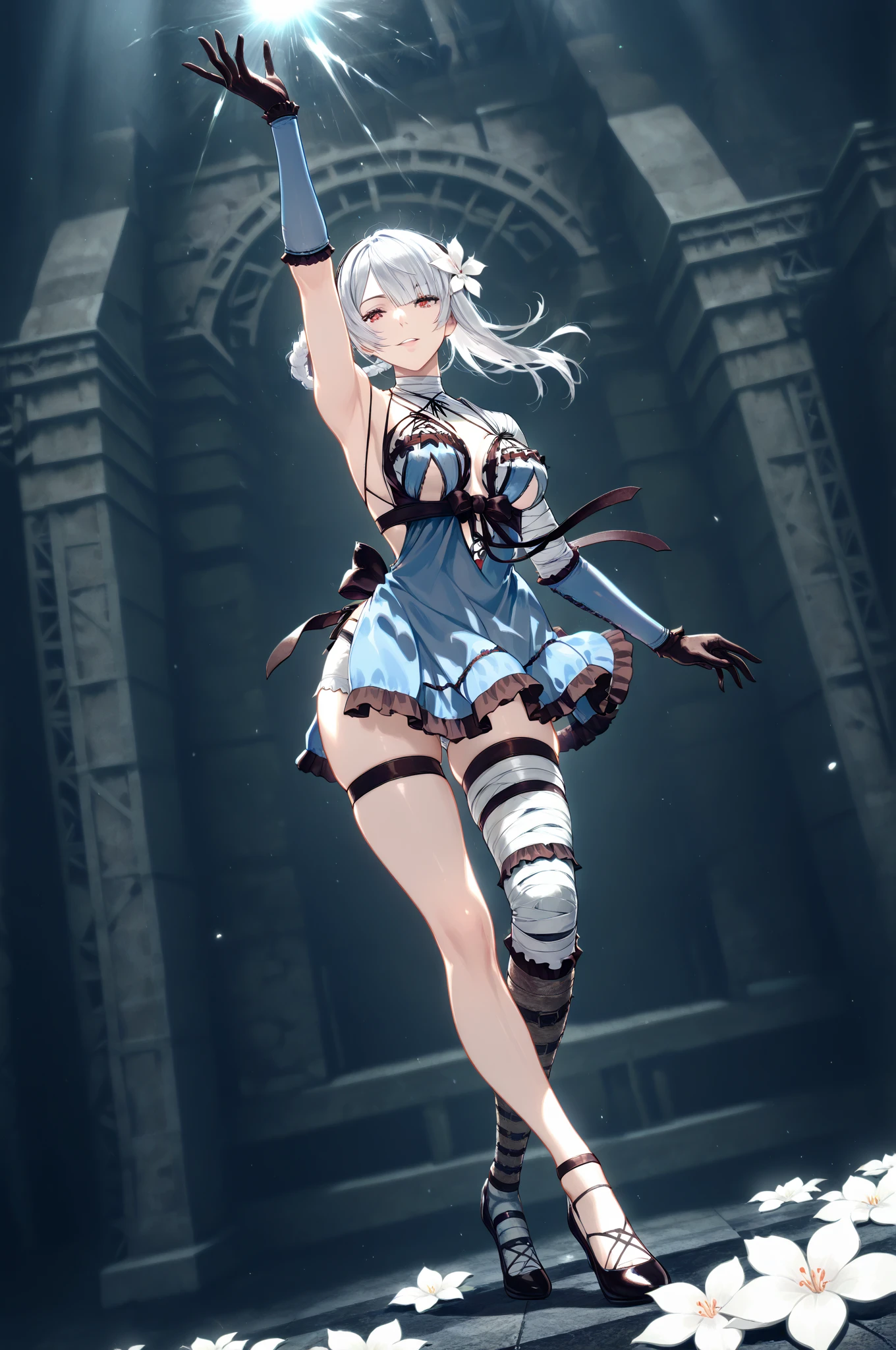 solo, standing skinny girl, long white hair, (white frilled white dress), (very short dress), white frilled tops, sheer dress, bared shoulders, too tight corset, white thighhighs, white thigh strap, BREAK, red eyes, BREAK, golden tiaras, carrying a saber at her waist, BREAK, (show off large perky breasts), cleavage, collarbone, BREAK, skinny long legs, show off thigh gap, hand on hip, BREAK, smile for viewer, (nsfw:0.5), slipping vagina, areolae slip