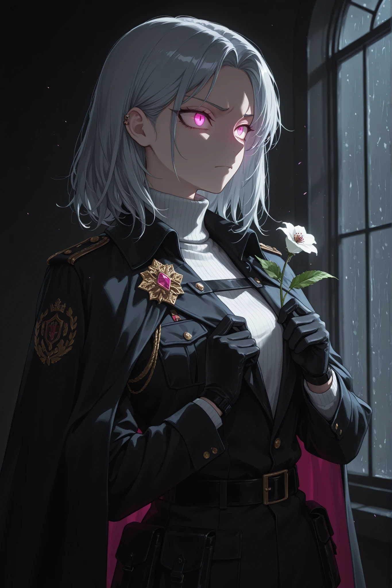 (glaring at viewer, cowboy shot:1.22), kubrick stare, tsurime narrow eyes, predatory eyes, (portrait, standing at attention, disciplined, side shot,  close up shot, three quarter shot:1.5), mature, (1girl:0.75), solo, masterpiece, best quality, amazing quality, very aesthetic, high resolution, ultra-detailed, (soft shading, soft shadows, volumetric light:1.14), silver hair, medium hair, exposed ear, small chest, window lighting, tilted head, turning head, parted hair, pink eyes, glowing eyes, rune eyes, white turtleneck sweater, tsurime, expressionless, glare, kuudere, jewel eyes, white flower, bleeding flower, royalty, glove, buttoning manchets, black uniform jacket cape, casual warcore, techwear, soldier, royal guard, jacket cape, aura, gentle energy waves, eye trail