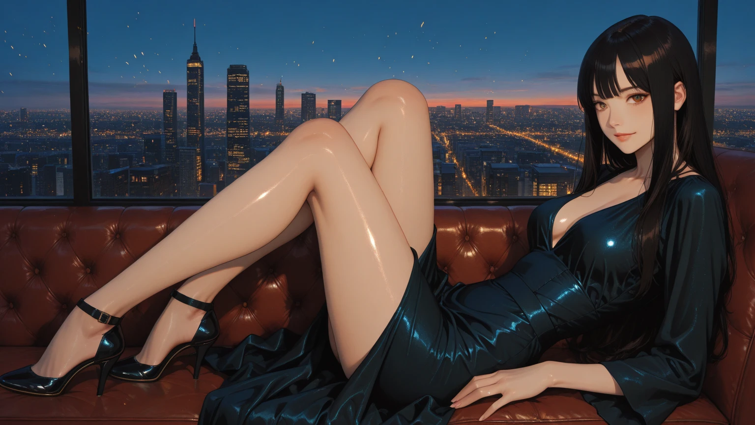 A woman with tattoos looking out at the city from a skyscraper, Skyline View. Backward view, An elegant and delicate woman, whole body, Realistic, Pink Eyes, Beautiful Eyes, Long eyelashes, Almond-shaped eyes, Red lip make-up, Gothic style. Intricate details, Crisp details, Detailed skin, Detailed body, Vibrant colors, Bokeh, long Colorful Hair, Colorful Hair, Detailed skin, listen to music, Cute figures. Curvy and voluptuous legs, Captivating body. 1 Girl. panoramic.