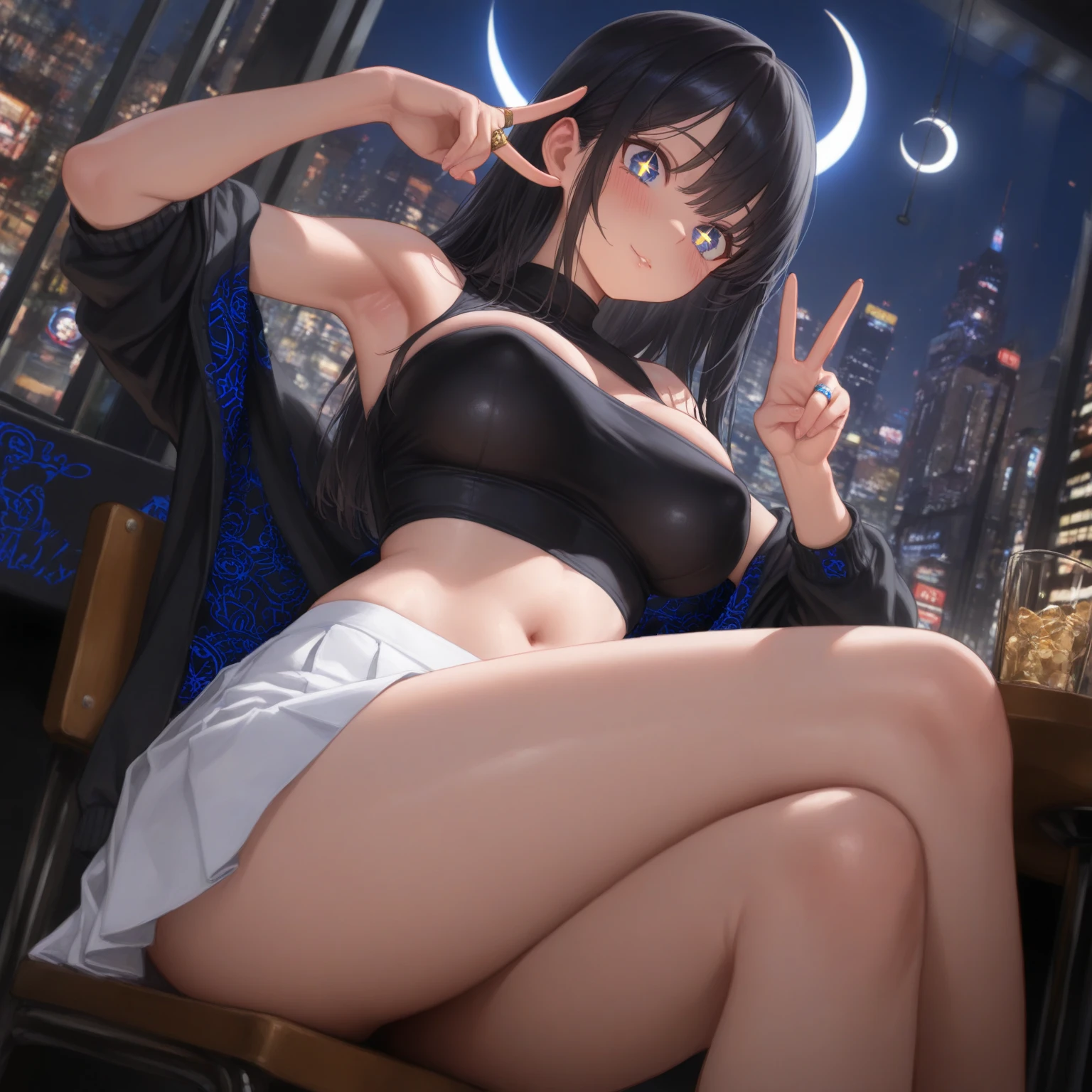 master part, Altas, high quality, detailed face, detailed body rendering, full body solo, nude, nude sholders, hyuuga hinata, medium breasts, Dark lips, ponytail hair, Standing, Blushes, city, moon and stars, night