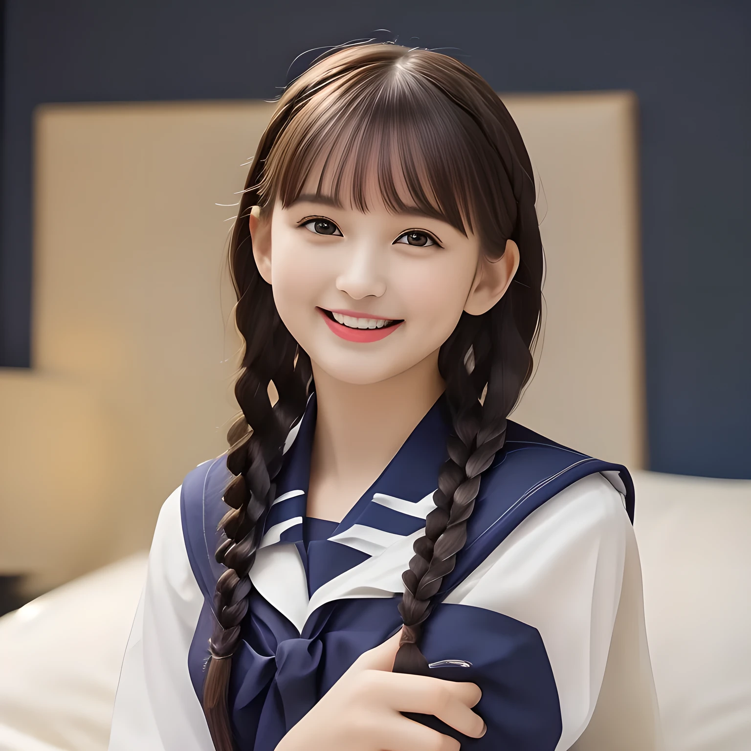 (highest quality, masterpiece, clearly detailed:1.5), highest quality, High resolution, 1080p, 8K, (Too beautiful, ((meek & docile)) sweet ((beautiful girlish and Evolved with grace)), Famous magazine fashion model, ((Too much beloved)) noble grown beautiful beautiful girl with detailed, 165cm height, ((svelte silhouette)), Cloistered beauty, angelic mind, giving too much pleasure to my sensitive body's tip covered with beautiful hands and fingers, (((creeping over me on a bed))) with detailed: 1.7), (laughing white face with unreal angelic beauty, overflowing with translucence: 1.8), (Pristine blue uniform, (Neatest (navy colored) sailor-style school uniform, navy sailor collar, shiny-blue sailor scarf, with detailed): 1.8), (Too beautiful dreamy eyes and neatness charm the viewer), (Giggling cohort background with many white lovely marks, clearly detailed foreground, zinomy, with most beautifully detailed: 1.9), ((purity and neatness of pristine uniform is very impressing): 1.8), (focus on her internal mind: 1.9), (Beautiful brown eyes), (shiny brown soft twin-braids styled hair ((in accordance with school regulations)), bangs trimmed carefully, neat tight braids: 1.8)