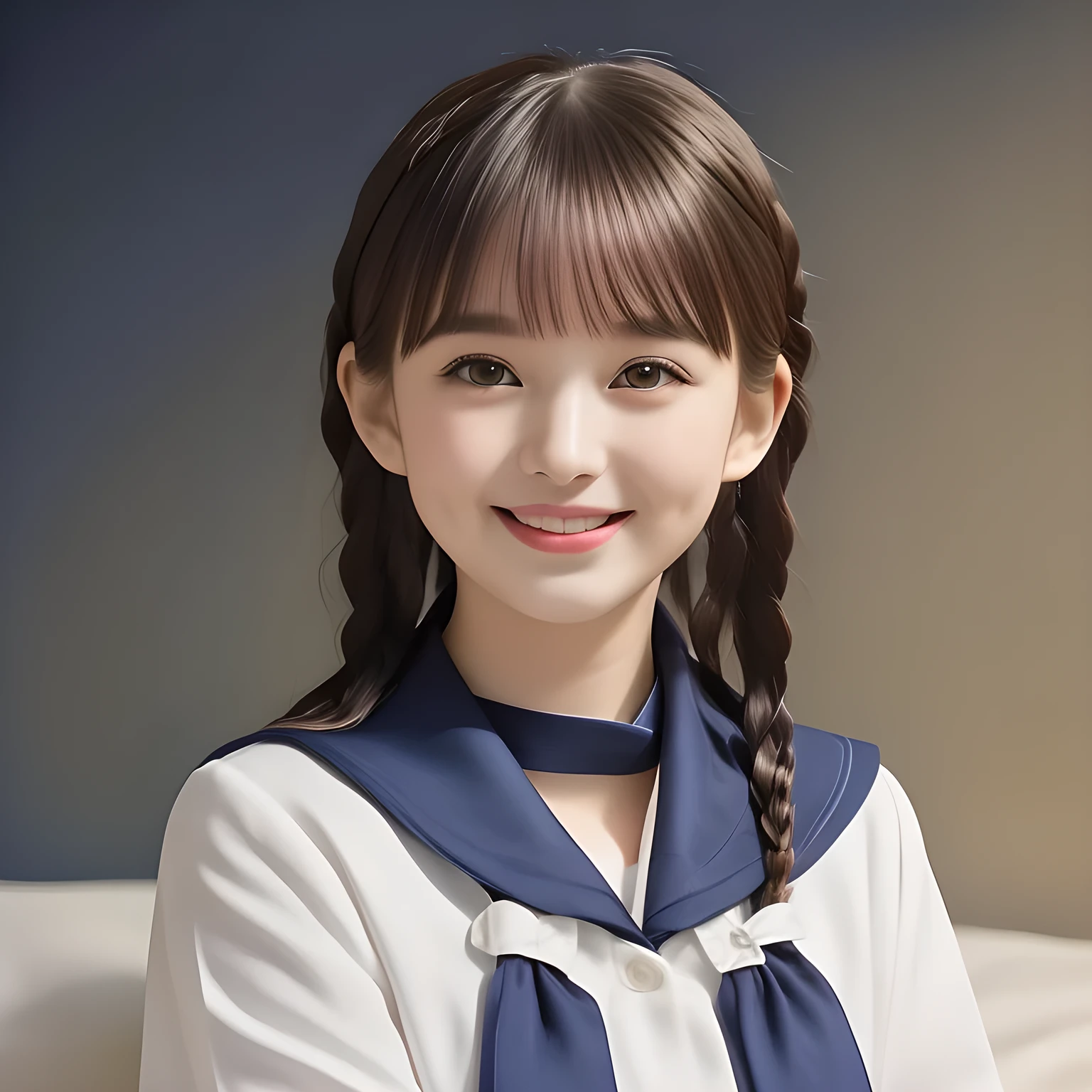 (highest quality, masterpiece, clearly detailed:1.5), highest quality, High resolution, 1080p, 8K, (Too beautiful, ((demure & meek)) ((beautiful girlish and Evolved with grace)), Famous magazine fashion model, ((Too much beloved)) noble grown beautiful beautiful girl with detailed, 165cm height, ((svelte silhouette)), Cloistered beauty, angelic mind, giving too much pleasure to my sensitive body's tip covered with beautiful hands and fingers, (((creeping over me on a bed))) with detailed: 1.7), (laughing white face with unreal angelic beauty, overflowing with translucence: 1.8), (Pristine blue uniform, (Neatest (navy colored) sailor-style school uniform, navy sailor collar, shiny-blue sailor scarf, with detailed): 1.8), (Too beautiful dreamy eyes and neatness charm the viewer), (Giggling cohort background with many white lovely marks, clearly detailed foreground, zinomy, with most beautifully detailed: 1.9), ((purity and neatness of pristine uniform is very impressing): 1.8), (focus on her internal mind: 1.9), (Beautiful brown eyes), (shiny brown soft twin-braids styled hair ((in accordance with school regulations)), bangs trimmed carefully, neat tight braids: 1.8)