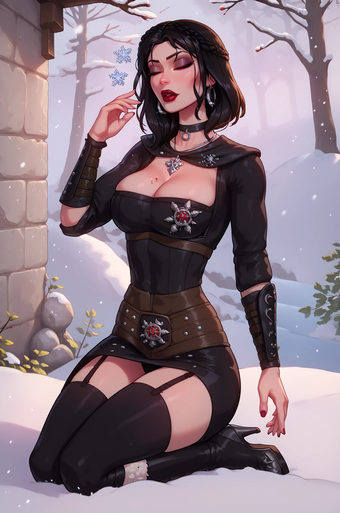 sexy girl, black lipstick, long hair, black cyclamen hair, hair braid, black stockings, thick ass, clothes, black buckles, solo, clothes in cyberpunk style. Fully clothed, detailed face, beautiful eyes, cyclamen colored eyes, detailed eyes, femdom,
