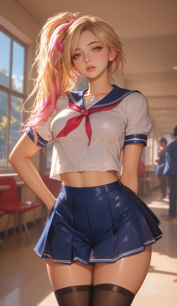 (8k、Ultra high definition、masterpiece、Anatomically correct、Textured skin、High resolution、highest quality、high resolution、Professional Lighting、(((Angle From Below))),)Standing with legs apart、Put your hands behind your head、,(With bangs、Gal、Dark eyeshadow、Dark eyeliner、Tanned brown skin、Twin tails、),,(ピンクのネクタイとピンク色のスカートのuniform:1.2)Pink Hair、、Blue Eyes、uniform、Smiling beautiful face、Wearing a sailor uniform、あどけない幼さの残る女子高生のuniform美少女、Dripping sweat、Sweating a lot、White panties、Panties are soaked、Beautiful illustrations、highest quality、cute、Pink Hair、Hair length、(((Pink pleated skirt)))、(((Pink Sailor Suit)))、Short sleeve、Huge 、belly button、Lift up your skirt with your hands、White pantiesを見せる、Lift up your skirt and show me your panties、barefoot、blue eyes、Nice thighs、Shining thighs
