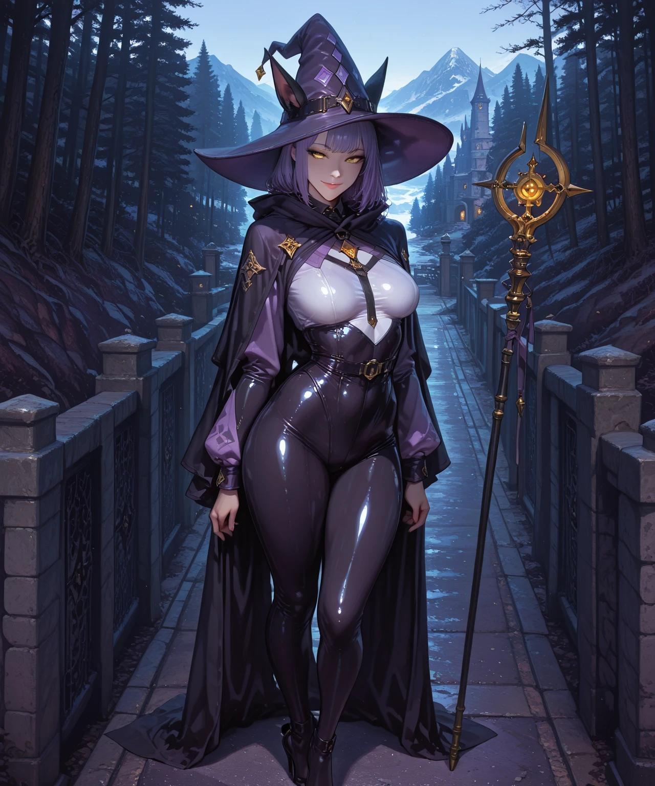 witch, sexy pose, big breasts, black sexy dress, black air, black witch, bob haircut
