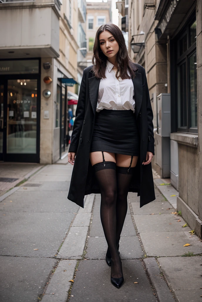 1girl, Solo, One Japanese woman of about 25 years old, black long elegant hair style,  black eyes, cardigan, elegant dress, heels, black pantyhose ,park photography, whole body, body measurement 36-25-35, RAW Photography, 8k, , Masterpiece, Full Body Shooting, Top Quality, Fine Pore, Realistic, Photorealistic, Ultra Detailed