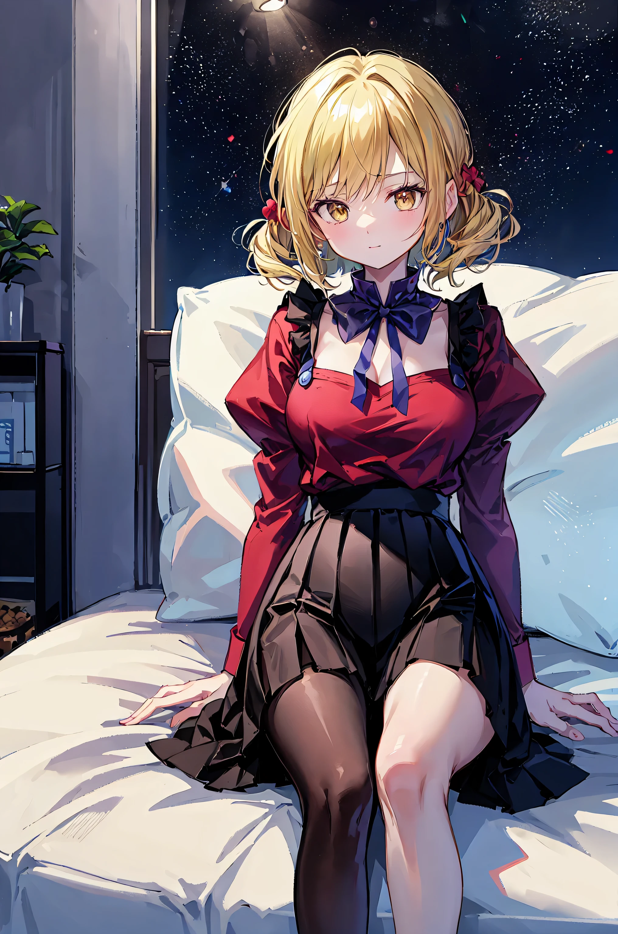 masterpiece,best quality,highres,ultra-detailed,koala \(one piece\),short hair,blue eyes,large breasts,shirt,frilled shirt,pink shirt,belt,skirt,red skirt,frilled skirt,thighhighs,black thighhighs,boots,high heels,brown footwear,<lora:koala_(one_piece):0.7>,indoors,sitting,bed,blush,(embarrass:1.2),night,