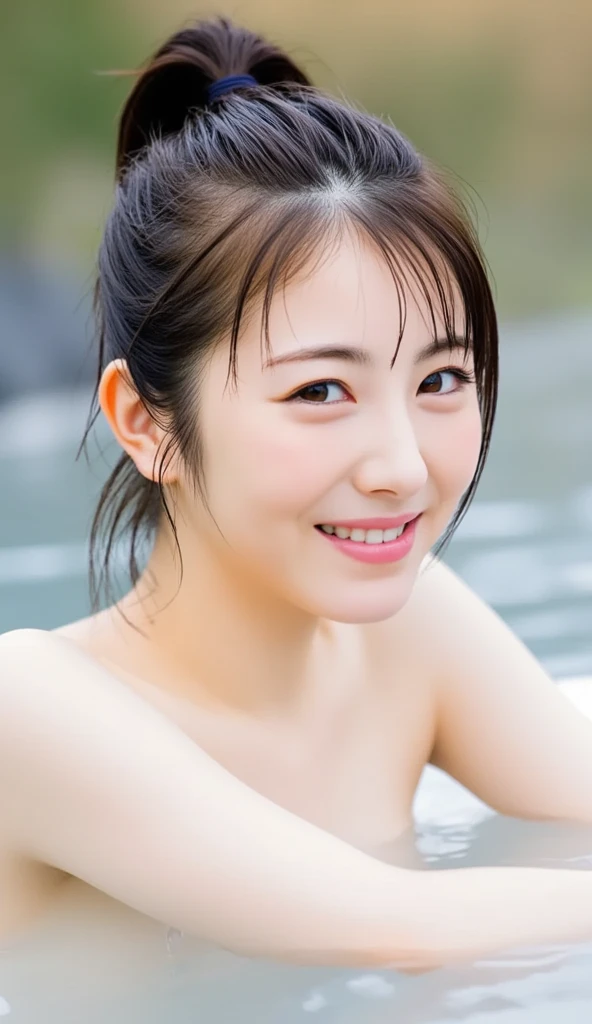 realistic, 1 girl, shining eyes, smile、brown hair、Ultra high definition、cleavage、bathing in a hot spring、Japanese hot springs、dark night、moon、bedrock、brown hair
