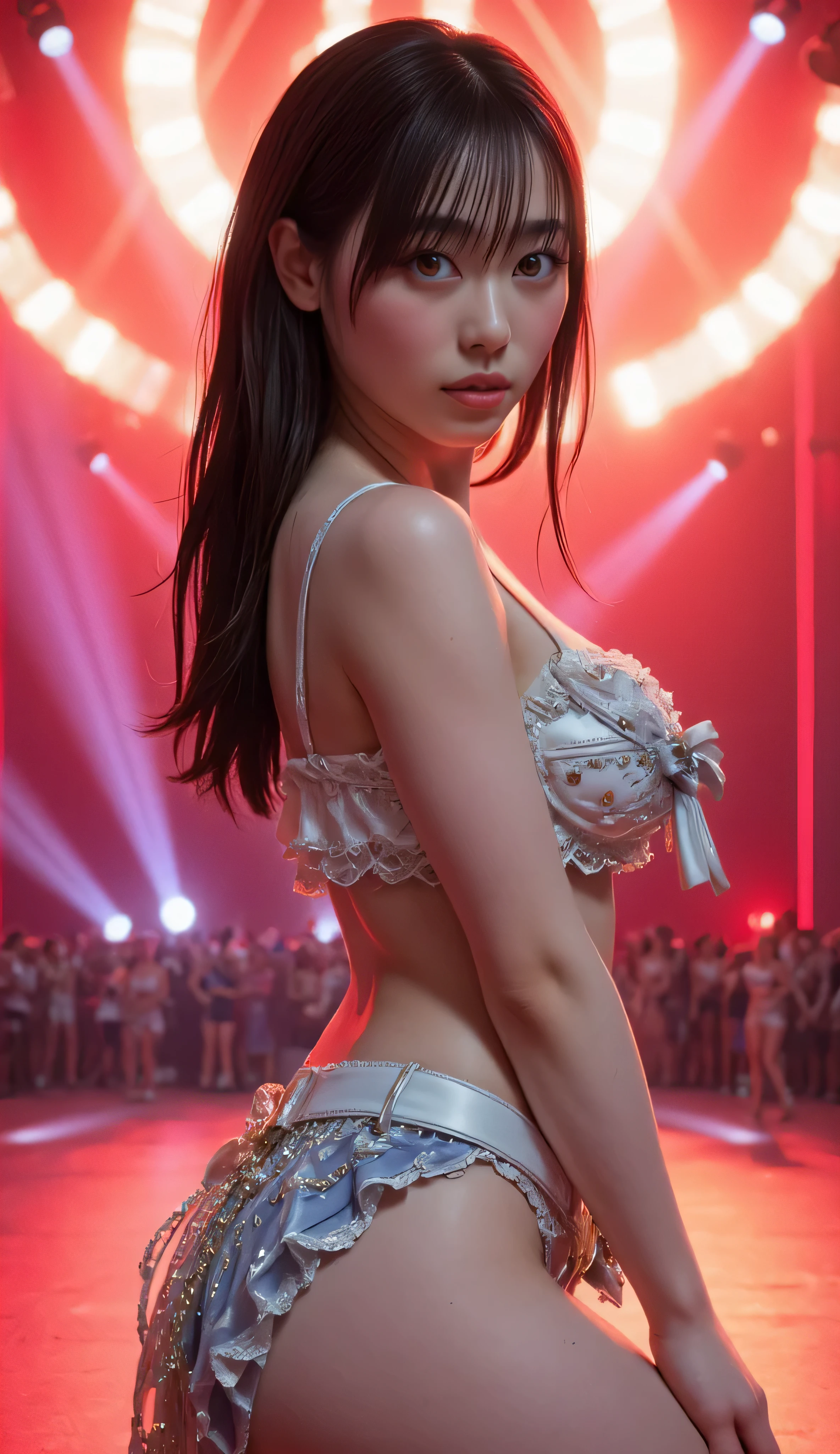 splash art, riot games, original art, 1 women, 4k, ((low pov)), low shot, low angle, ((dynamic angle)), ((visual effect)), ultra realistic, ((dark)),  dark environment with neon lighting, neon, big stadium concert venue, singer, rockstar, concert, beautiful lighting effect, sexy, (((seductive))), speed movement, magic, ultra detailed, red medium hair, sexy black dress, strapless tube top dress, beutiful pose, cinematic, action.