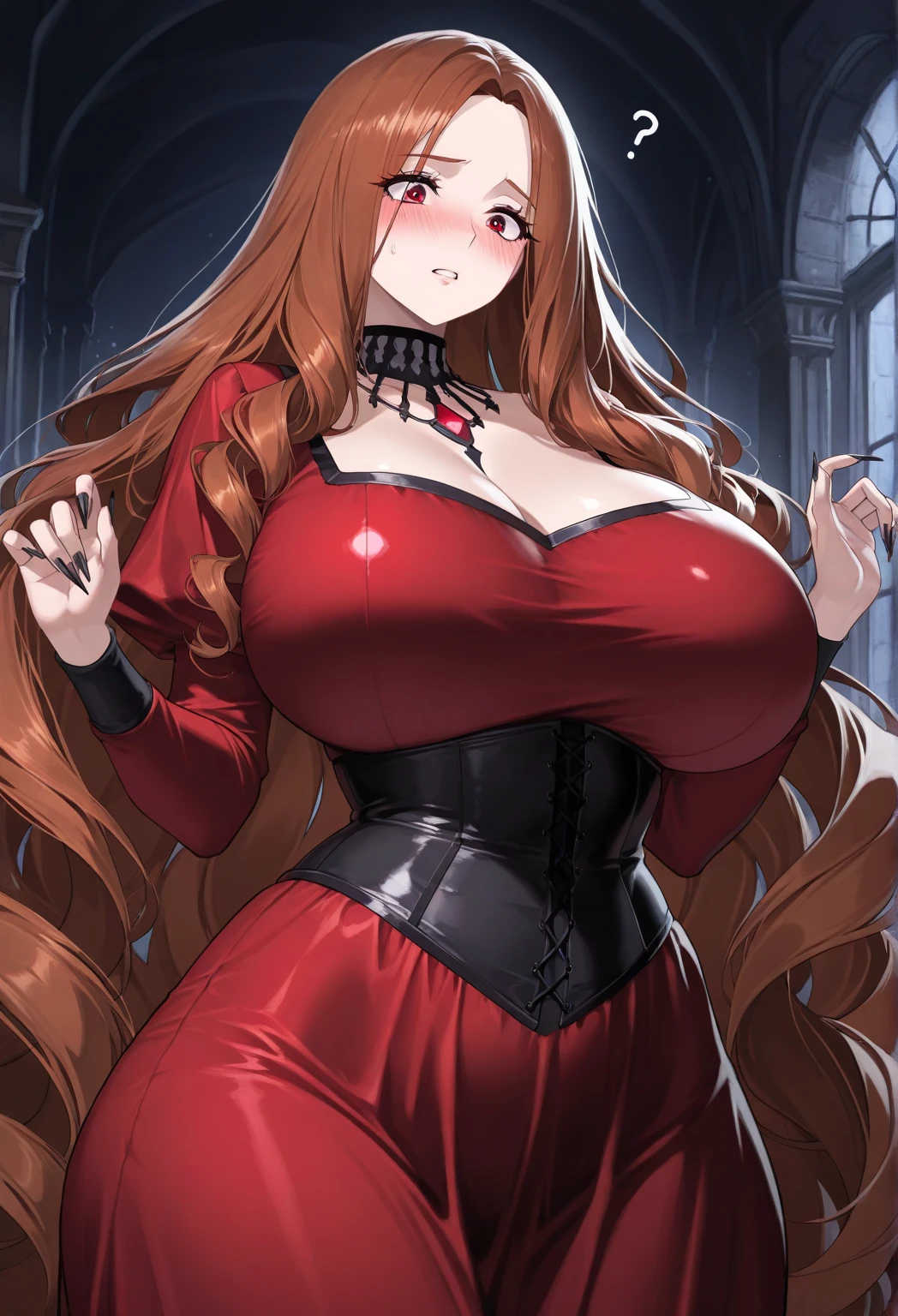 Latex girl lustful smirking smile red blush red cheeks, chain leash, hands behind the head, kneeling, shackles, leather black collar slave, pigtail hair