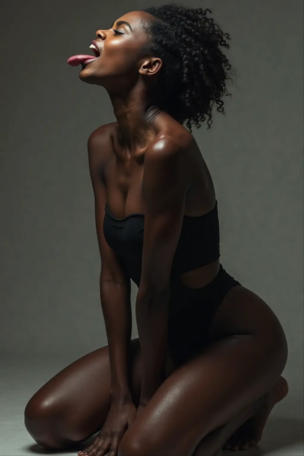 Woman, black skin, wearing bikini, kneeling pose, relaxed pose, head facing down, plain white background, studio shoot