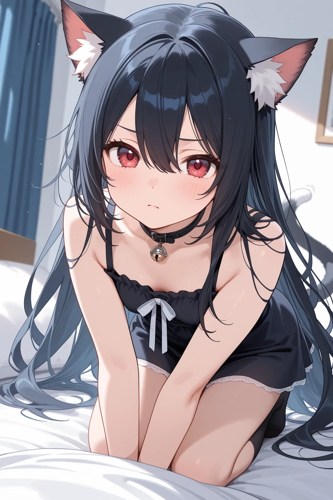 1girl, sitting, legs spread, chibi proportions, chibi, cute, wearing cute underwear, cameltoe, barefoot, very pale, white skin, pale white skin, very long hair, black hair, hair over one eye, red eye, intricate detail, masterpiece quality, ultra HD, 4K, best quality