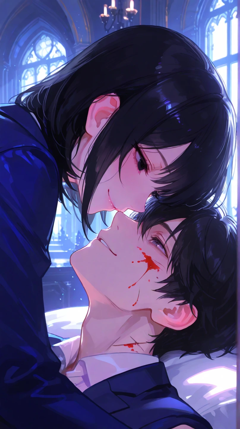 1 older woman with long, light pink hair,blue colored eyes,kissing a younger boy with short black hair and gray eyes,she is holding his head,(Tongue kiss),(gore),bloodstains,both with a white blouse and a black tie, White background, estilo chainsaw man