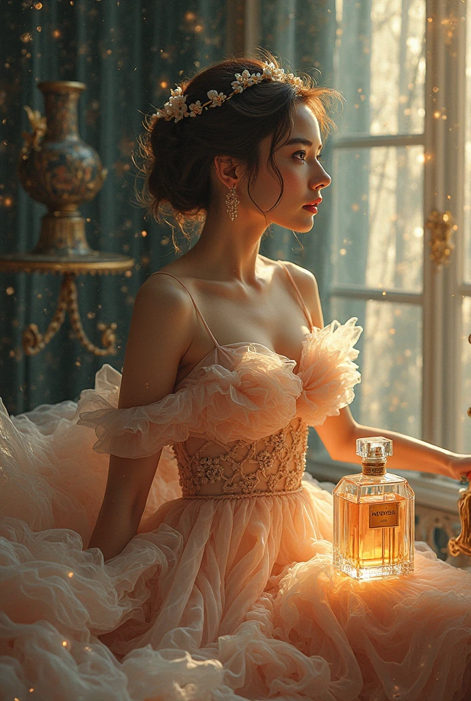 The image depicts a serene, ethereal scene with a young woman sitting gracefully. She is dressed in a flowing, light-colored dress adorned with delicate embellishments. The background features intricate, ornate architecture with soft lighting that creates a dreamy atmosphere. The setting appears to be indoors, with light filtering through, casting a magical glow around the woman. The overall aesthetic of the image is elegant and otherworldly, with a soft, pastel color palette and sparkling elements that add to the enchanting feel.