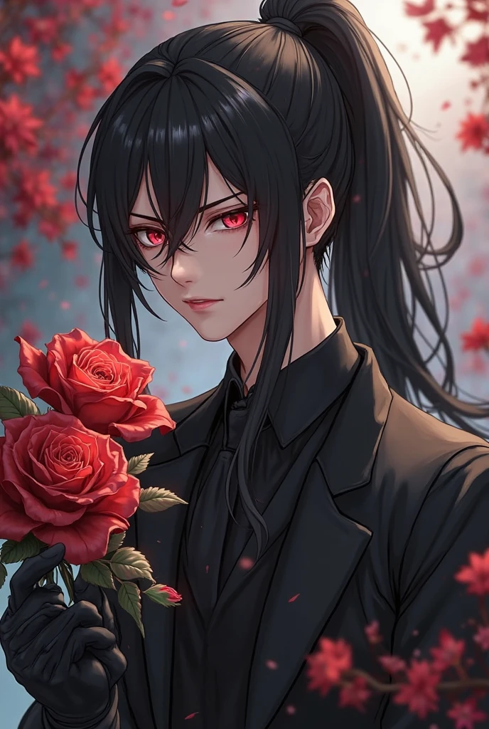Anime girl with red hair and wearing a black suit holding a bouquet of red flowers, Yandere, Yandere. expensive, gapmoe Yandere, ( ( ( yoh yoshinari ) ) ), by Kamisaka Sekka, by Kamaguruka, gapmoe Yandere grimdark, Chainsaw Man, Written by Chi Dahe, Chainsaw Man manga