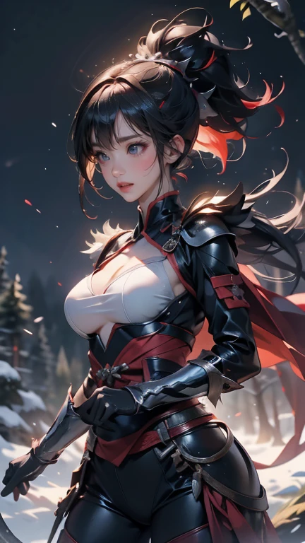 (((masterpiece, of the highest quality, super detailed))), (digital art), (a witch belonging to an occult order of knights), (a knight crossed with a witch), Victorian era inspired, ((minimal but intricate beautiful armour)), (Fluttering lace flared dress with frilly petticoats), ((Bloodbourne inspired)), (big forhead:1.2), (((dark hair, ponytail, thick ponytail, heavy ponytail))), (((Very sharp focused eyes))), ((small breasts)), very long eyelashes, occult aesthetic, (red and white clothing detailed and intricate steampunk and detailed gothic), (with a hood), complex lace boots,