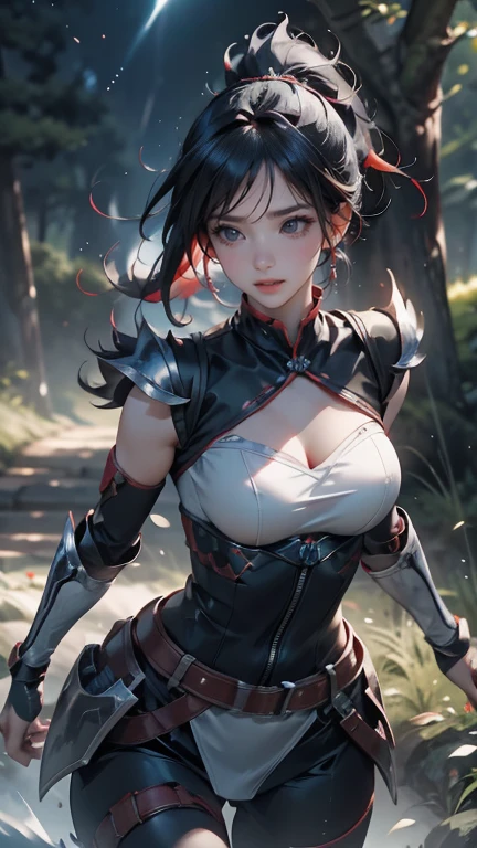 {{{masterpiece}}}, {{{best quality}}}, {{ultra-detailed}}, {cinematic lighting}, {illustration}, {beautifuly detailed eyes}, {1girl}, extremely detailed, 1girl, solo, A full-body picture of a beautiful ninja warrior, short hair, warrior, playful smile, purple eyes, big breasts, cleavage, hourglass figure, outdoors, woodland background, highly detailed face and clothing, slightly narrow eyes, perfect face, fair skin, hair bangs, long hair, cowboy shot, noble beautiful, shinobi clothing, shinobi woman, I can see her entire body