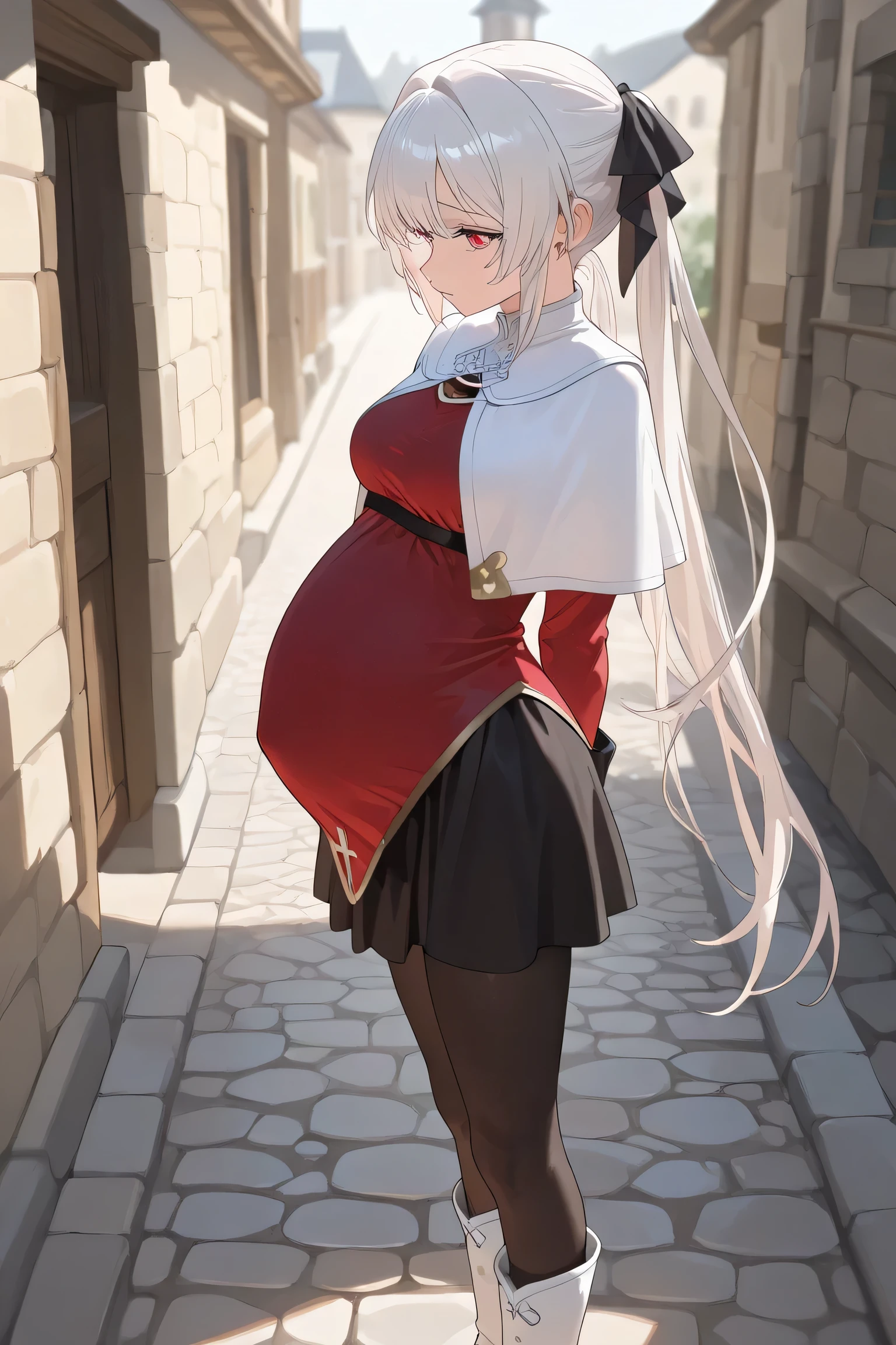 (Best quality, 4k, 8k, high resolution, masterpiece:1.2), ultra detailed, intricate details, beautiful girl, SOLO, alone, long white hair, bangs, red colored eyes, small-medium breasts, perfect smooth skin, head tilted, (Pregnant:1.0), hands behind back, standing pose, black ribbon hair, twin hair ribbon, red fitted top stretched over belly, white capelet, short black skirt, black stockings, white boots, side view, sad expression, soft lighting, medieval town street background, cobblestone path, atmospheric mood