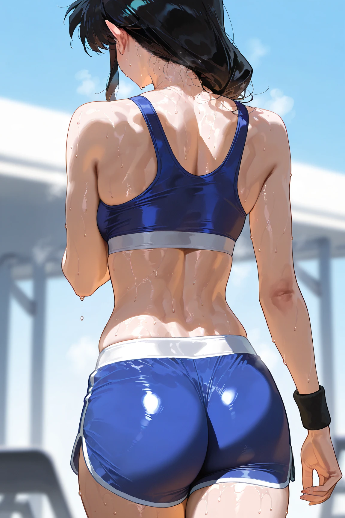 highest quality、cinematic lighting、arena、woman's butt in sportswear、full of sweat、dripping sweat、back view、ponytail、