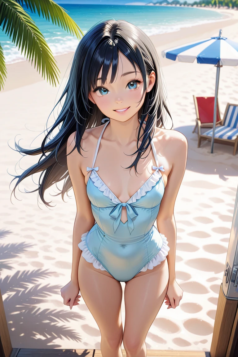 very cute and beautiful girl,(highly detailed beautiful face and eyes:1.2),blue school swimsuit,
sitting,spread legs,looking at viewer,pool side,flowers in planters,smile,black hair,dynamic angle,
(best quality,masterpiece:1.2),highres,extremely detailed,solo,
hair fluttering in the wind,beautiful detailed sky,perfect hands,